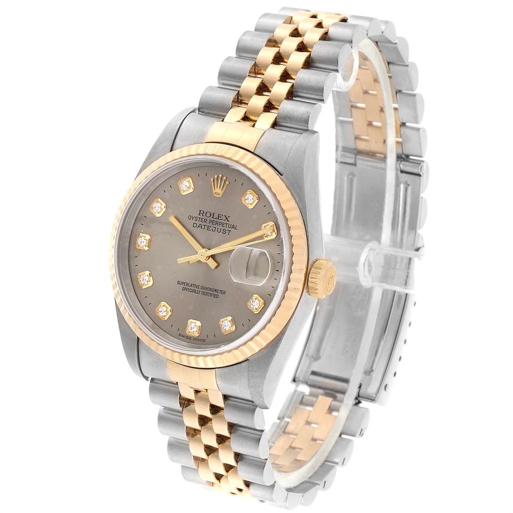 The image shows a Rolex Datejust 16233 Men's Steel and Gold (two tone) Silver Dial 16233 Men's Steel and Gold (two tone) Silver Dial watch at a three-quarter angle, displaying the dial, bezel, crown, and bracelet.