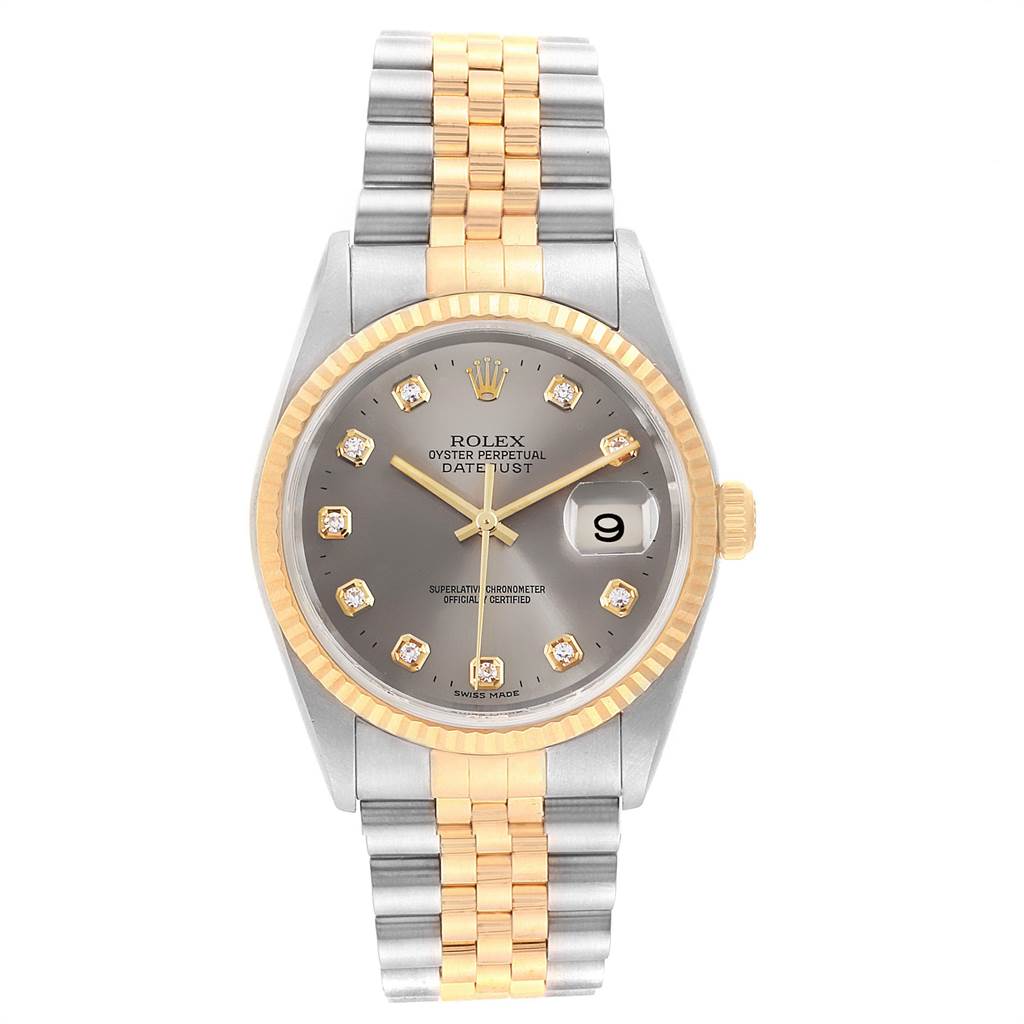 The image shows a front view of a Rolex Datejust 16233 Men's Steel and Gold (two tone) Silver Dial 16233 Men's Steel and Gold (two tone) Silver Dial watch with a two-tone bracelet and a gray dial with diamond hour markers.