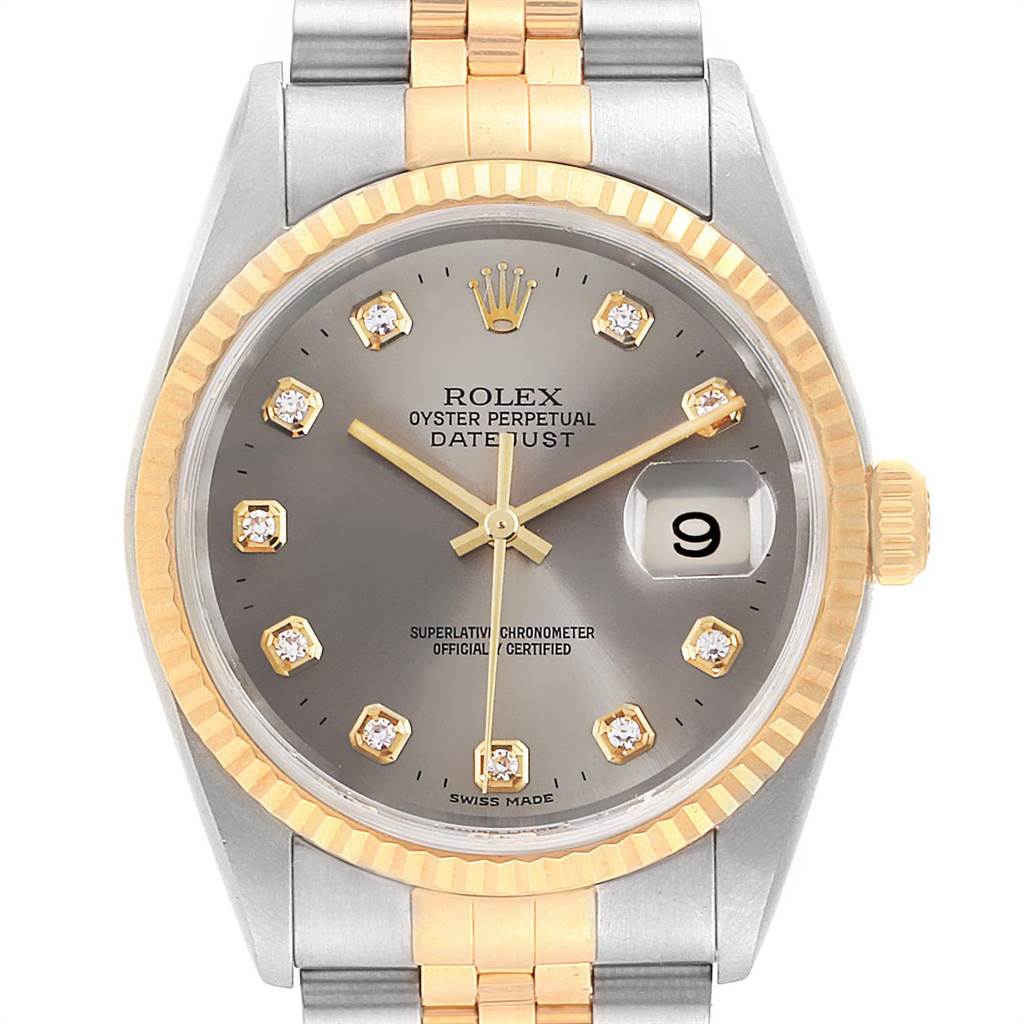 This image shows a frontal view of the Rolex Datejust 16233 Men's Steel and Gold (two tone) Silver Dial 16233 Men's Steel and Gold (two tone) Silver Dial watch, highlighting the dial, bezel, crown, and bracelet.
