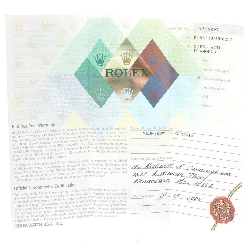 The image shows a warranty certificate for the Rolex Datejust 16233 Men's Steel and Gold (two tone) Silver Dial 16233 Men's Steel and Gold (two tone) Silver Dial model, including details such as serial number, style, and purchaser information.
