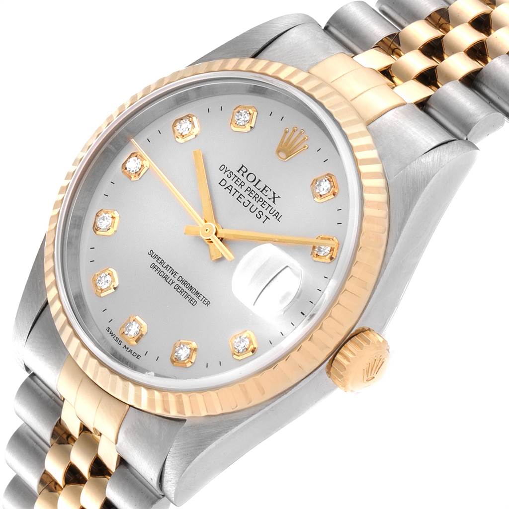 This is a close-up view of a Rolex Datejust 16233 Men's Steel and Gold (two tone) Silver Dial 16233 Men's Steel and Gold (two tone) Silver Dial watch, showcasing the dial, bezel, and bracelet.