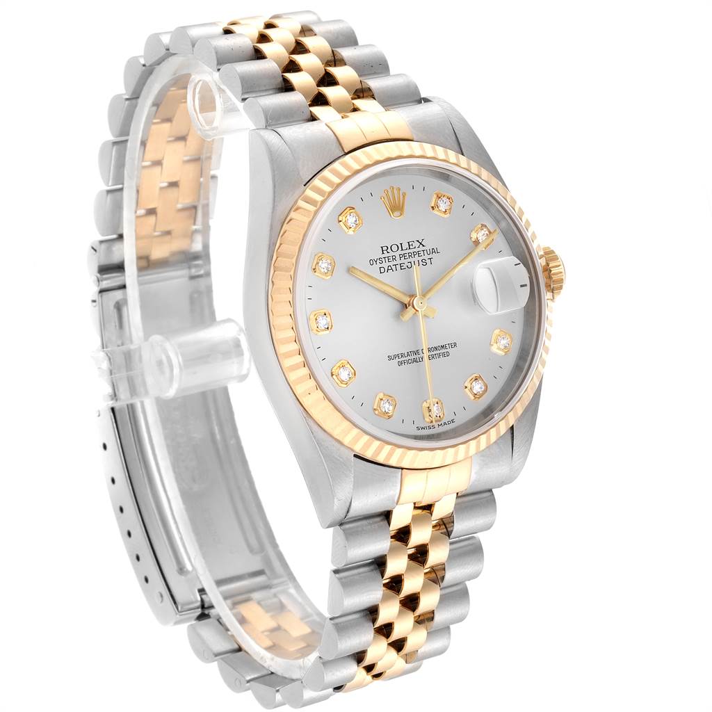 The image shows a Rolex Datejust 16233 Men's Steel and Gold (two tone) Silver Dial 16233 Men's Steel and Gold (two tone) Silver Dial watch angled to display its face, bezel, and part of the bracelet.