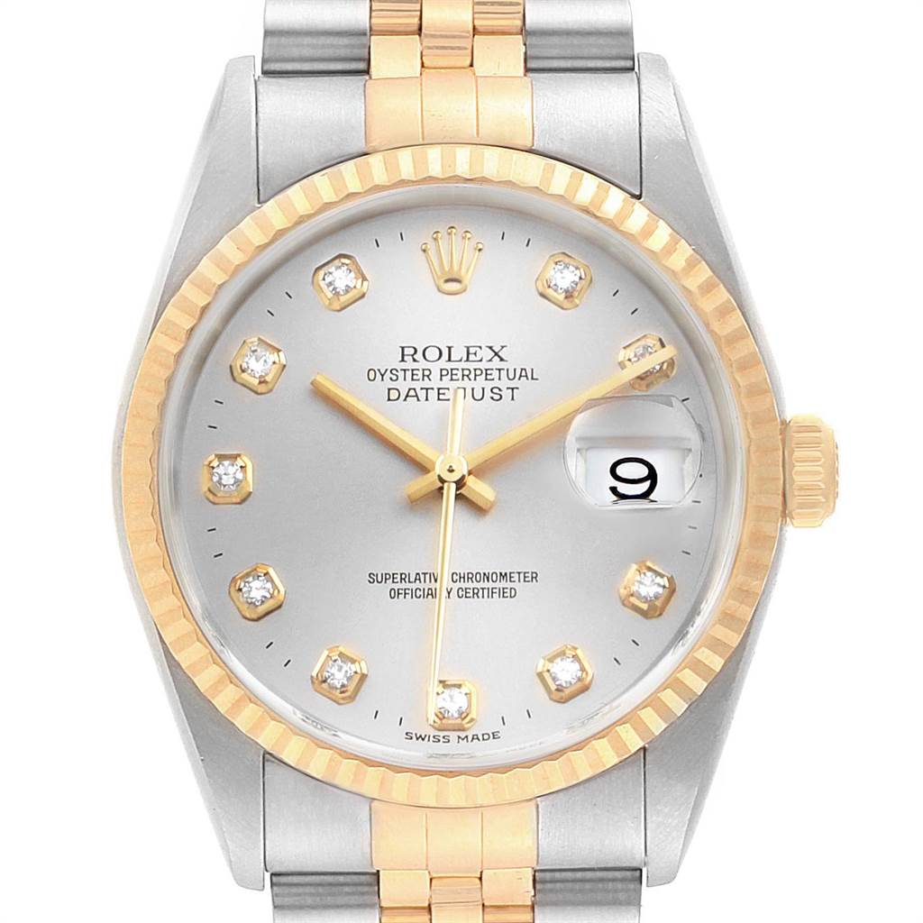 The image shows a Rolex Datejust 16233 Men's Steel and Gold (two tone) Silver Dial 16233 Men's Steel and Gold (two tone) Silver Dial watch from the front, highlighting the bezel, dial, hands, crown, and part of the bracelet.