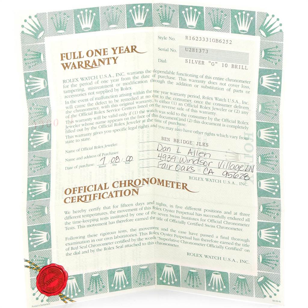 The image shows a warranty certificate for a Rolex Datejust 16233 Men's Steel and Gold (two tone) Silver Dial 16233 Men's Steel and Gold (two tone) Silver Dial watch, detailing the purchase and serial numbers.