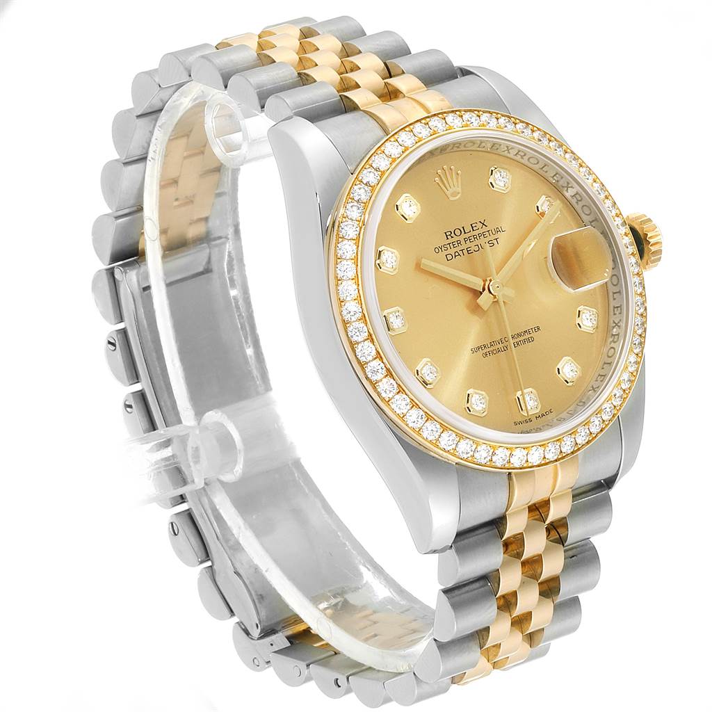 This image shows a side and partial front view of a Rolex Datejust 116243 Men
s Steel and Gold (two tone) Champagne Dial 116243 Men
s Steel and Gold (two tone) Champagne Dial watch, highlighting its gold dial, diamond bezel, and two-tone bracelet.
