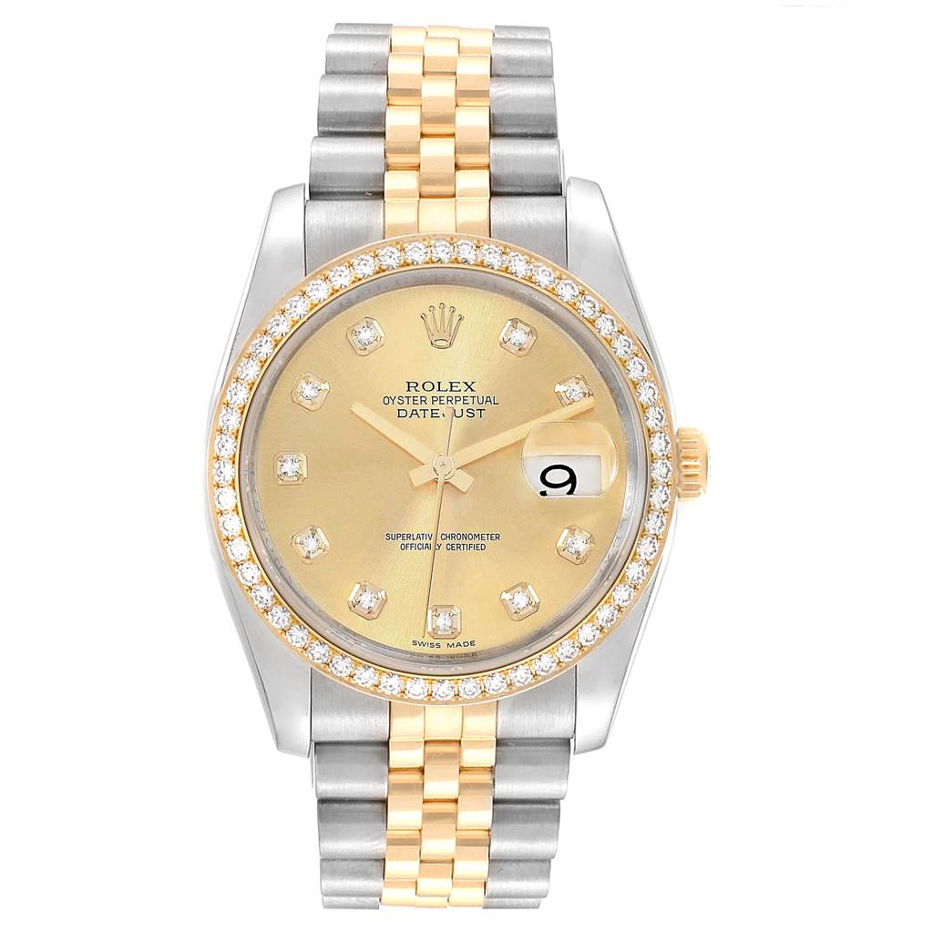The image shows a Rolex Datejust 116243 Men
s Steel and Gold (two tone) Champagne Dial 116243 Men
s Steel and Gold (two tone) Champagne Dial watch from the front, displaying the face, bezel, and two-tone bracelet.