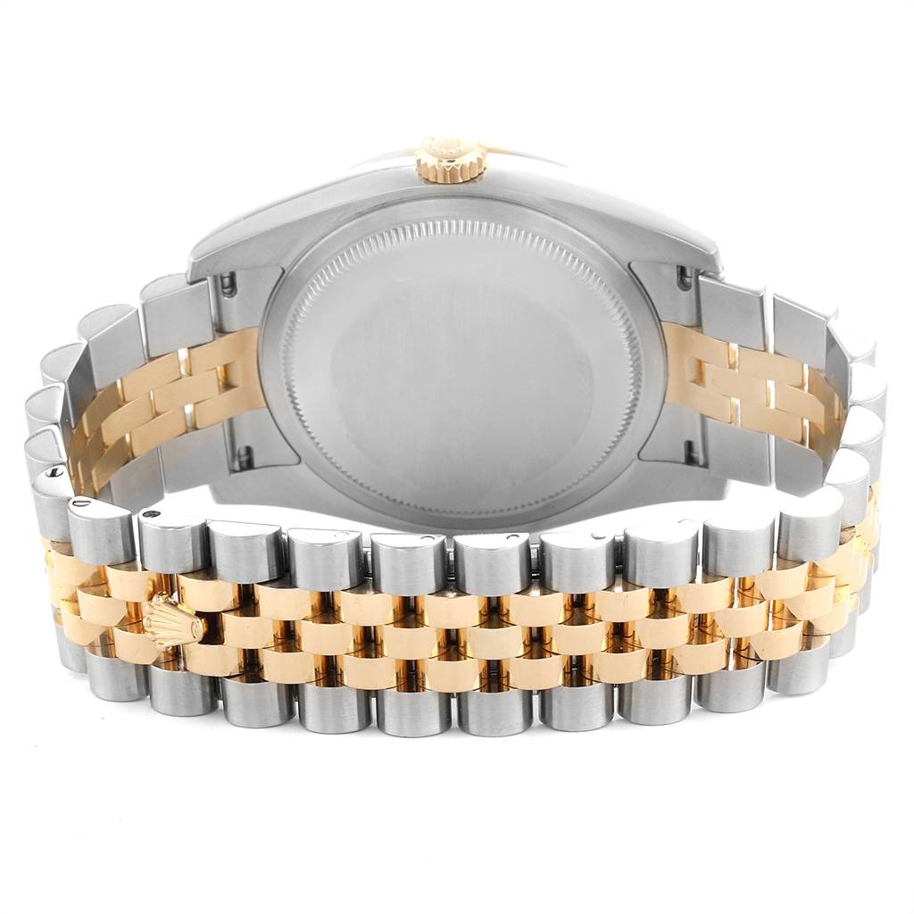This image shows the case back and Jubilee bracelet of a Rolex Datejust 116243 Men
s Steel and Gold (two tone) Champagne Dial 116243 Men
s Steel and Gold (two tone) Champagne Dial watch from a rear angle.
