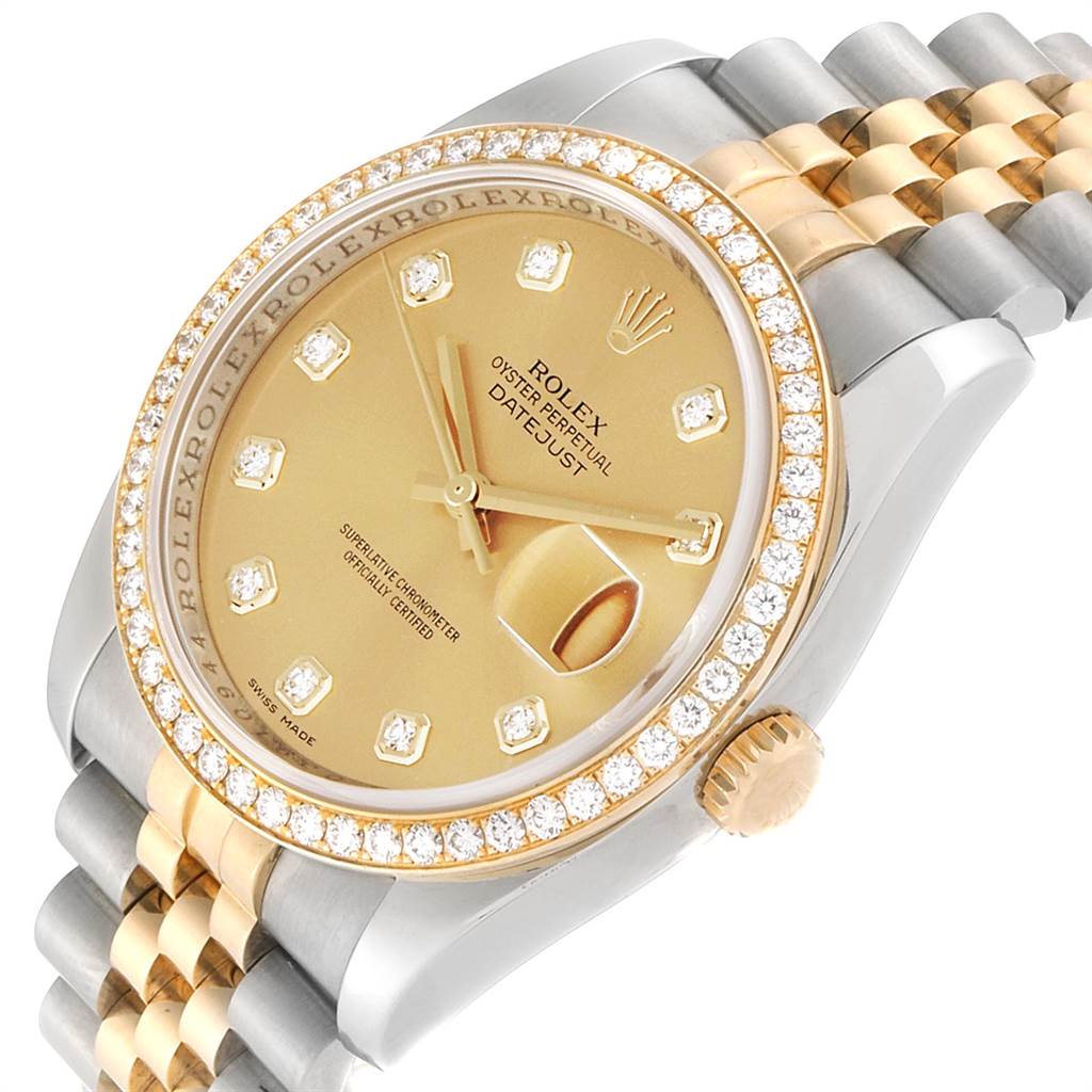 This Rolex Datejust 116243 Men
s Steel and Gold (two tone) Champagne Dial 116243 Men
s Steel and Gold (two tone) Champagne Dial model is shown at an angle highlighting the gold dial, diamond bezel, and two-tone bracelet.