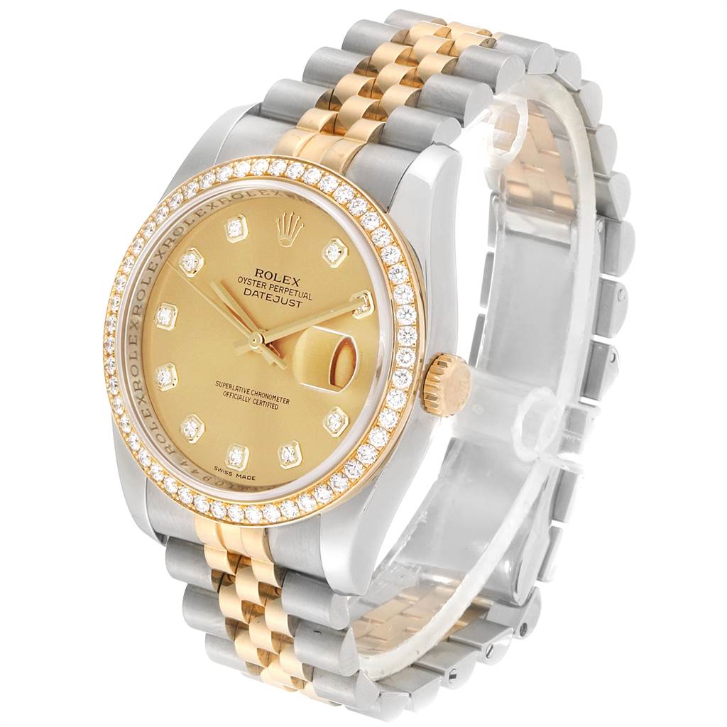 The image shows a side angle of a Rolex Datejust 116243 Men
s Steel and Gold (two tone) Champagne Dial 116243 Men
s Steel and Gold (two tone) Champagne Dial watch, highlighting its gold and silver bracelet, diamond bezel, and golden dial.