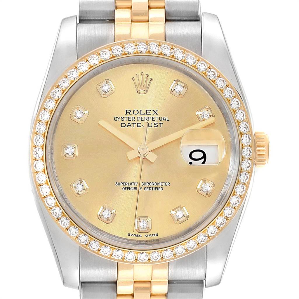 This image displays a front view of a Rolex Datejust 116243 Men
s Steel and Gold (two tone) Champagne Dial 116243 Men
s Steel and Gold (two tone) Champagne Dial watch with a diamond bezel and a gold and silver bracelet.
