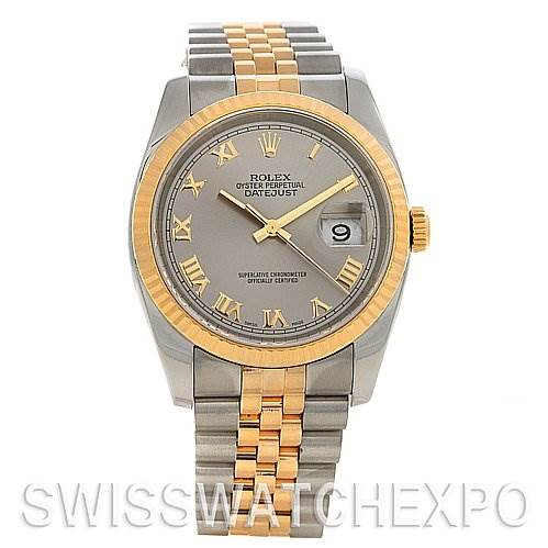 The Rolex Datejust 116233-SRJ Men
s Stainless Steel Silver Dial 116233-SRJ Men
s Stainless Steel Silver Dial watch is shown from a front angle, displaying its face, bezel, bracelet, and the date window at 3 o
clock.