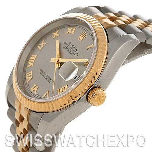 The image shows a side angle of a Rolex Datejust 116233-SRJ Men
s Stainless Steel Silver Dial 116233-SRJ Men
s Stainless Steel Silver Dial, highlighting the crown, bezel, and a portion of the bracelet.