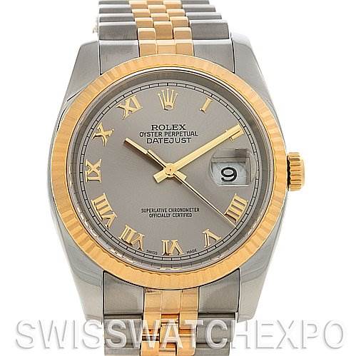 This image shows a Rolex Datejust 116233-SRJ Men
s Stainless Steel Silver Dial 116233-SRJ Men
s Stainless Steel Silver Dial watch from a front angle, displaying its dial, bezel, and bracelet.
