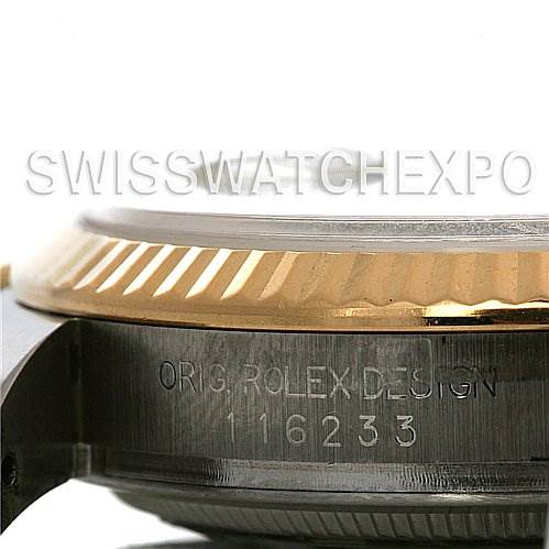 This image shows a close-up side view of the Rolex Datejust 116233-SRJ Men
s Stainless Steel Silver Dial 116233-SRJ Men
s Stainless Steel Silver Dial watch, highlighting the bezel and case with the design number visible.