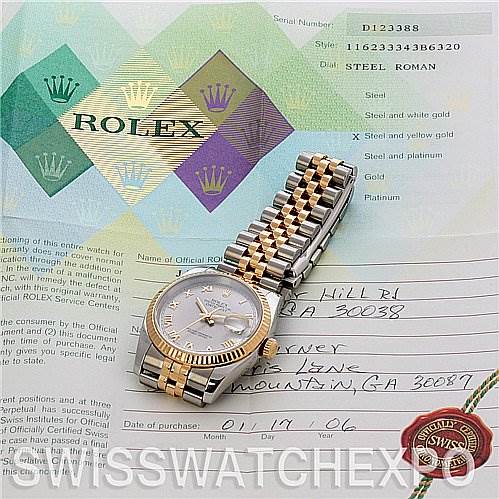 The image shows a Rolex Datejust 116233-SRJ Men
s Stainless Steel Silver Dial 116233-SRJ Men
s Stainless Steel Silver Dial watch laid flat with its paperwork and documentation visible in the background.