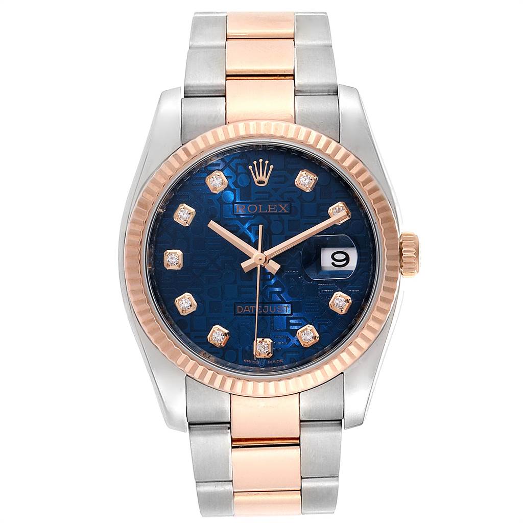 This image shows a Rolex Datejust 116231 Men's Steel and Gold (two tone) Blue Dial 116231 Men's Steel and Gold (two tone) Blue Dial watch from a front angle, displaying its face, bezel, crown, and bracelet.