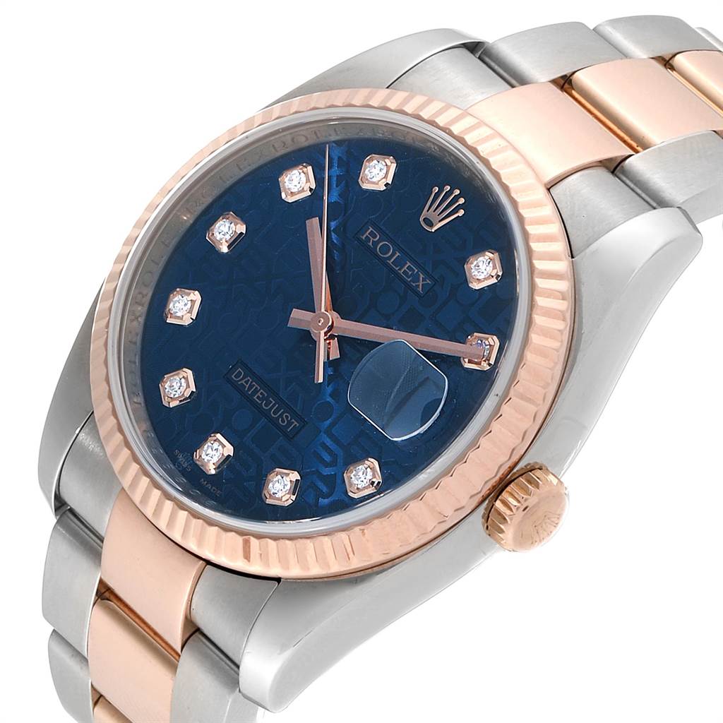 This image shows a close-up view of a Rolex Datejust 116231 Men's Steel and Gold (two tone) Blue Dial 116231 Men's Steel and Gold (two tone) Blue Dial watch dial, bezel, crown, and part of the two-tone bracelet.