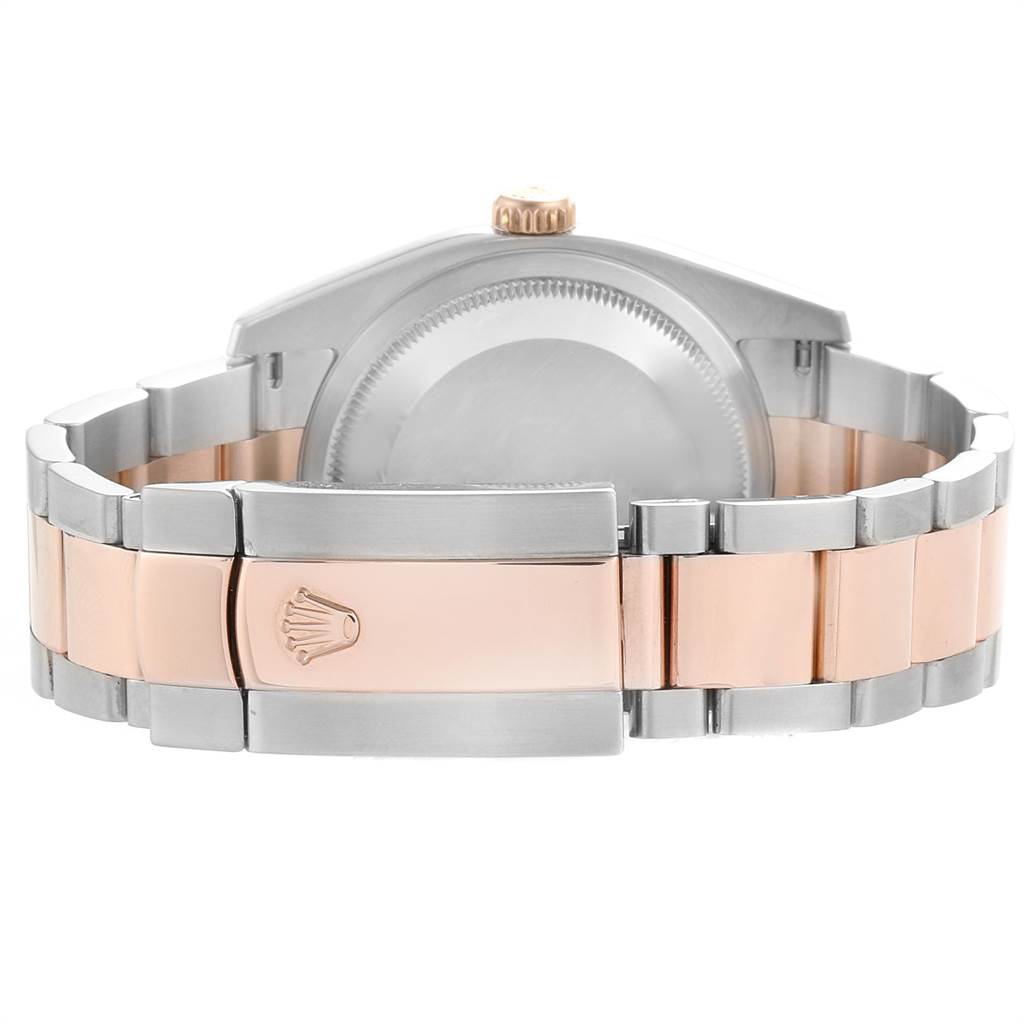 This image shows the clasp and back of the Rolex Datejust 116231 Men's Steel and Gold (two tone) Blue Dial 116231 Men's Steel and Gold (two tone) Blue Dial watch with a two-tone metal bracelet.