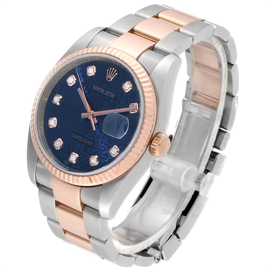 The image shows a Rolex Datejust 116231 Men's Steel and Gold (two tone) Blue Dial 116231 Men's Steel and Gold (two tone) Blue Dial watch at a slight angle, displaying its face, bezel, crown, and two-tone bracelet.