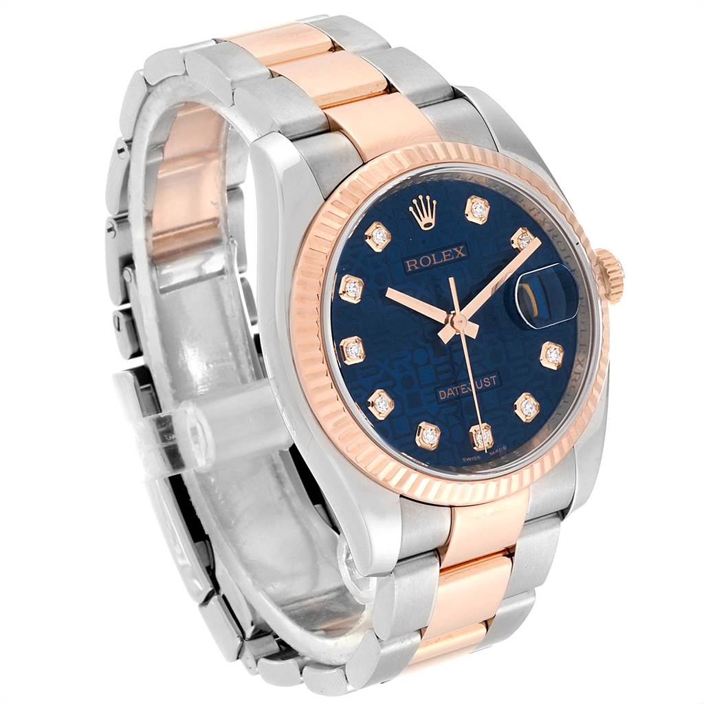 This image shows a Rolex Datejust 116231 Men's Steel and Gold (two tone) Blue Dial 116231 Men's Steel and Gold (two tone) Blue Dial watch from a front angle, highlighting its dial, bezel, and bracelet.