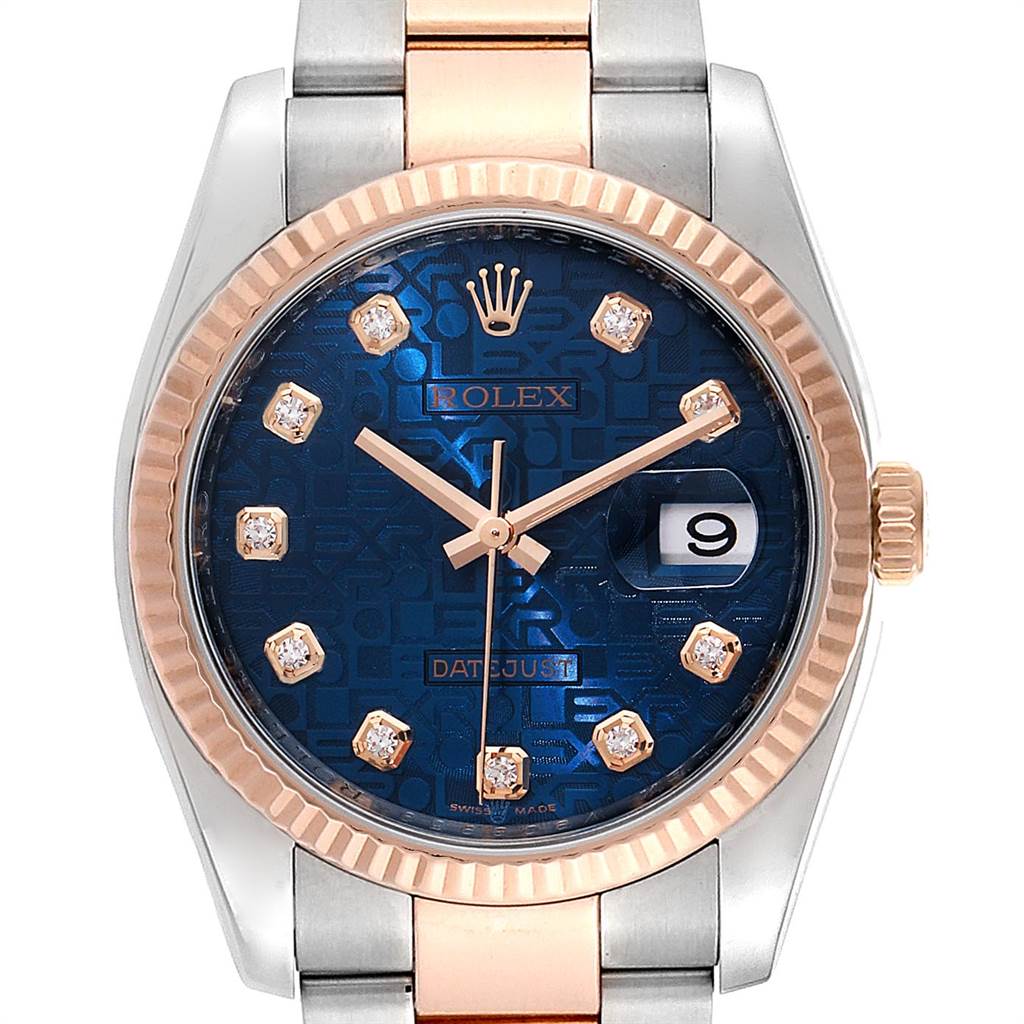The Rolex Datejust 116231 Men's Steel and Gold (two tone) Blue Dial 116231 Men's Steel and Gold (two tone) Blue Dial watch is shown from a front angle, highlighting its blue dial, rose gold bezel, and diamond hour markers.