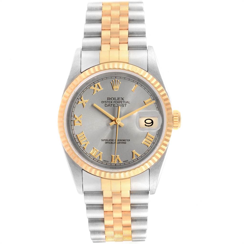 The image shows a Rolex Datejust 16233 Men's Steel and Gold (two tone) Grey Dial 16233 Men's Steel and Gold (two tone) Grey Dial watch from a top-down view, displaying its face, bezel, and bracelet.