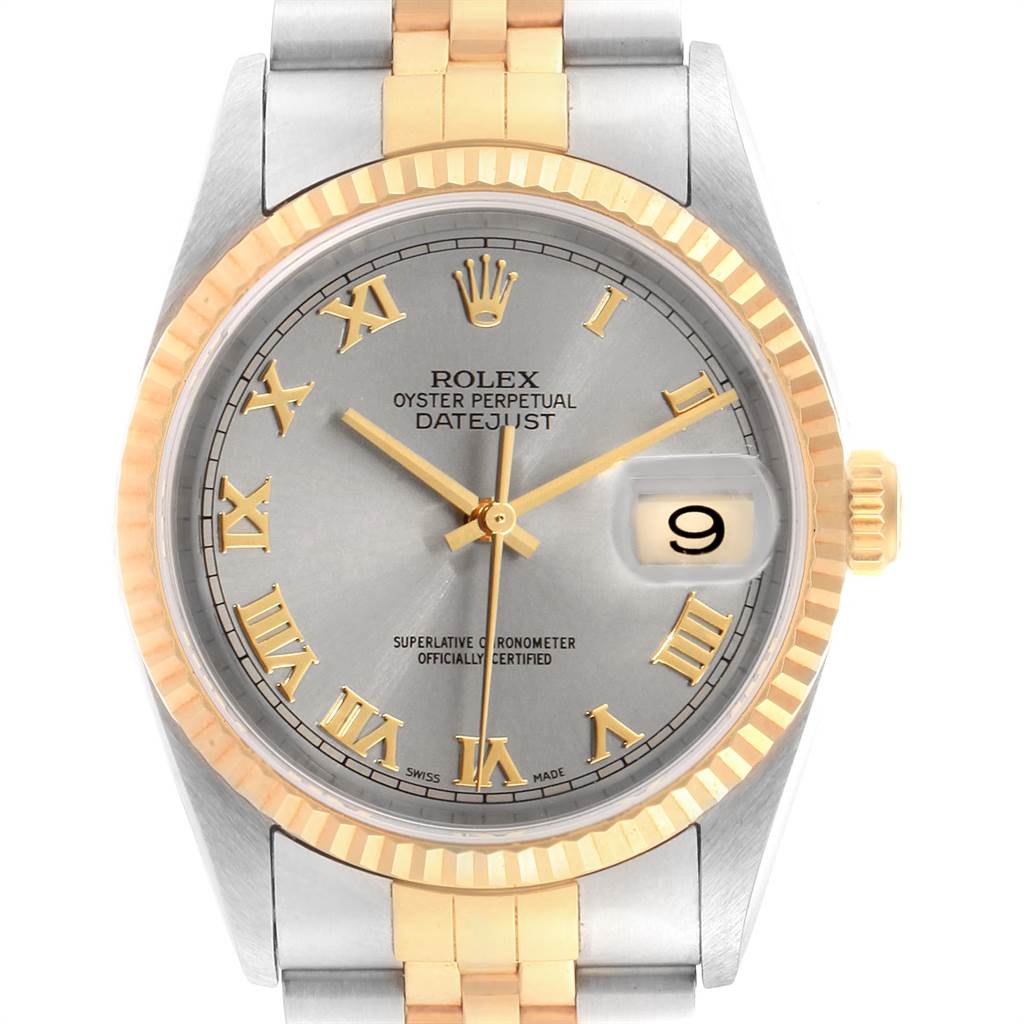 The image shows the front view of a Rolex Datejust 16233 Men's Steel and Gold (two tone) Grey Dial 16233 Men's Steel and Gold (two tone) Grey Dial watch, highlighting the dial, bezel, and part of the bracelet.