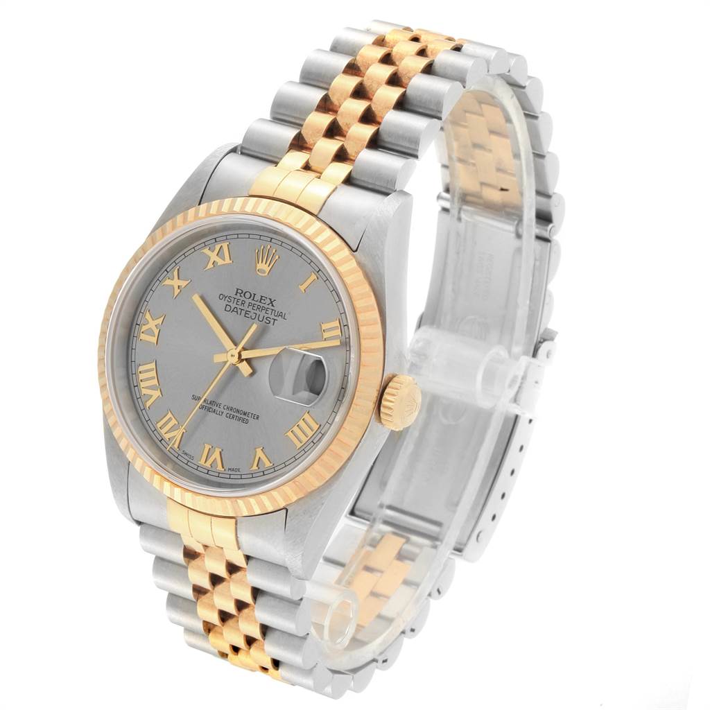 The Rolex Datejust 16233 Men's Steel and Gold (two tone) Grey Dial 16233 Men's Steel and Gold (two tone) Grey Dial watch is shown at a slight angle, displaying the face, bezel, and bracelet.