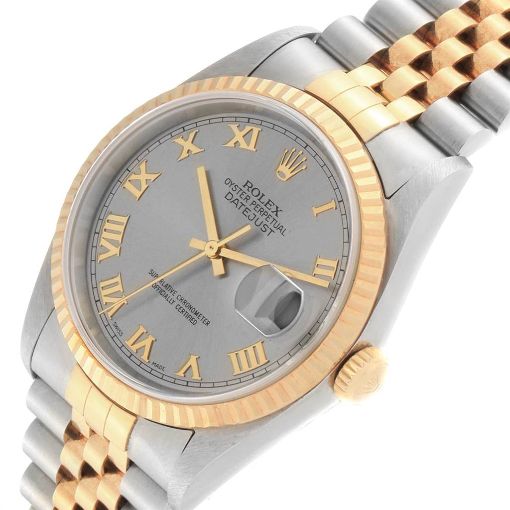 The image shows a Rolex Datejust 16233 Men's Steel and Gold (two tone) Grey Dial 16233 Men's Steel and Gold (two tone) Grey Dial watch at a slight angle displaying the dial, bezel, and part of the bracelet.