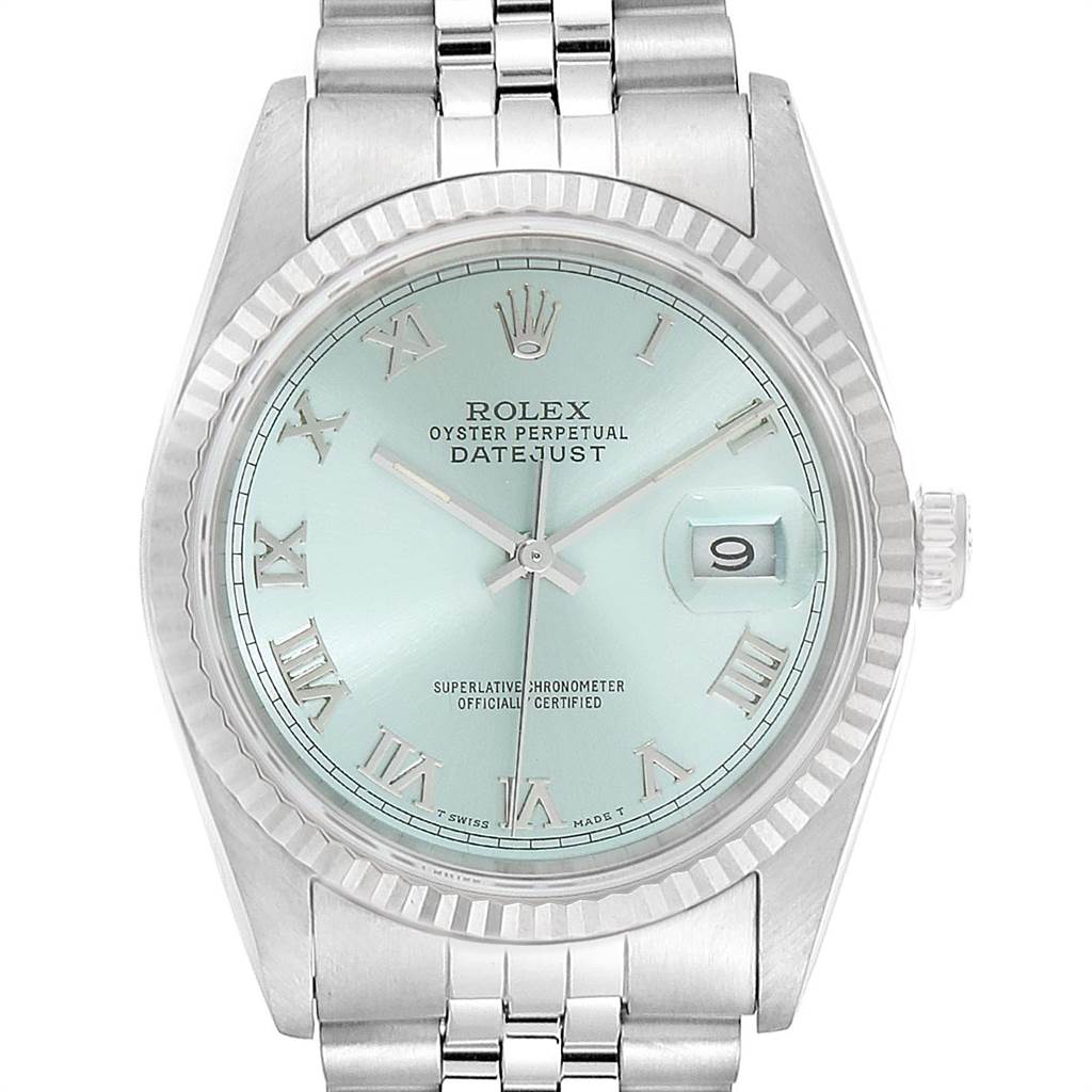 This Rolex Datejust 16234 Men's Stainless Steel Blue Dial 16234 Men's Stainless Steel Blue Dial model is shown from a front angle, highlighting the dial, fluted bezel, and part of the bracelet.