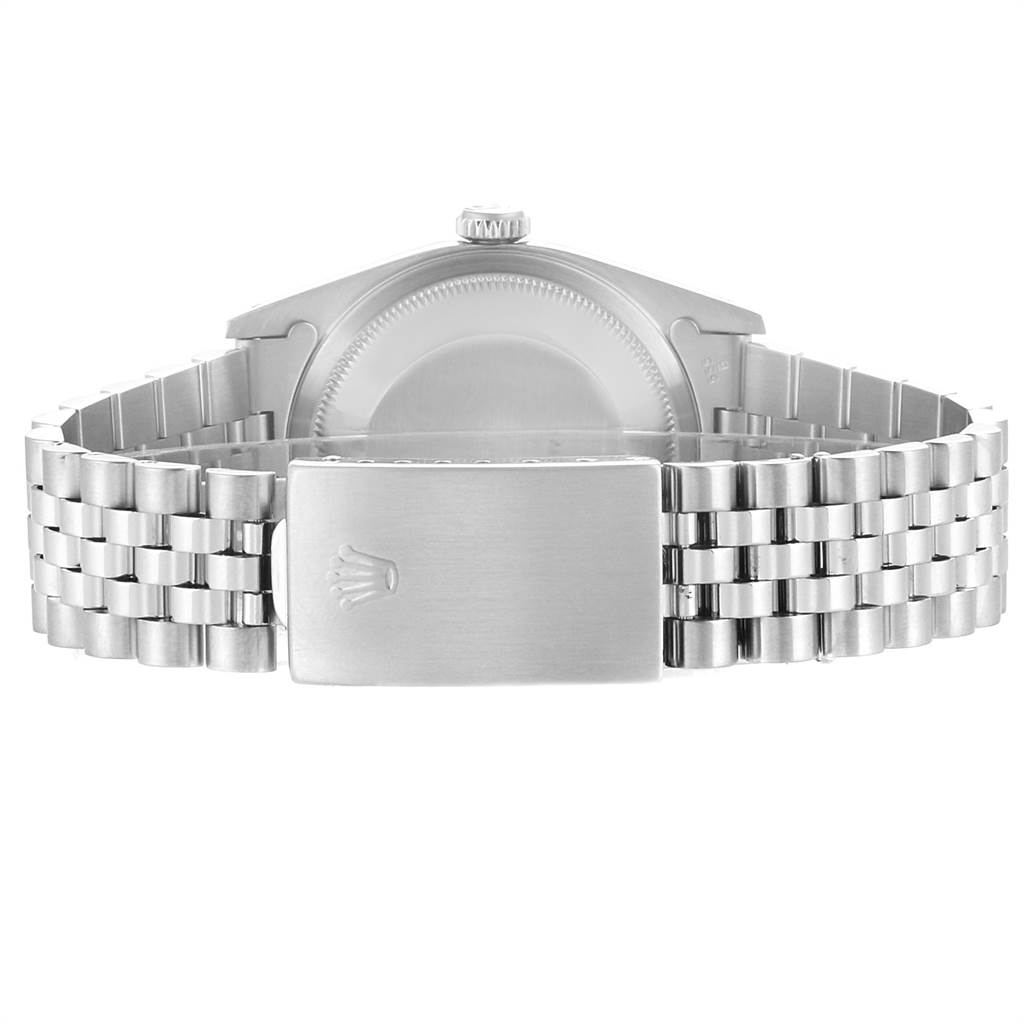 The image shows the back view of a Rolex Datejust 16234 Men's Stainless Steel Blue Dial 16234 Men's Stainless Steel Blue Dial watch, highlighting the case back and the Jubilee bracelet with the clasp.