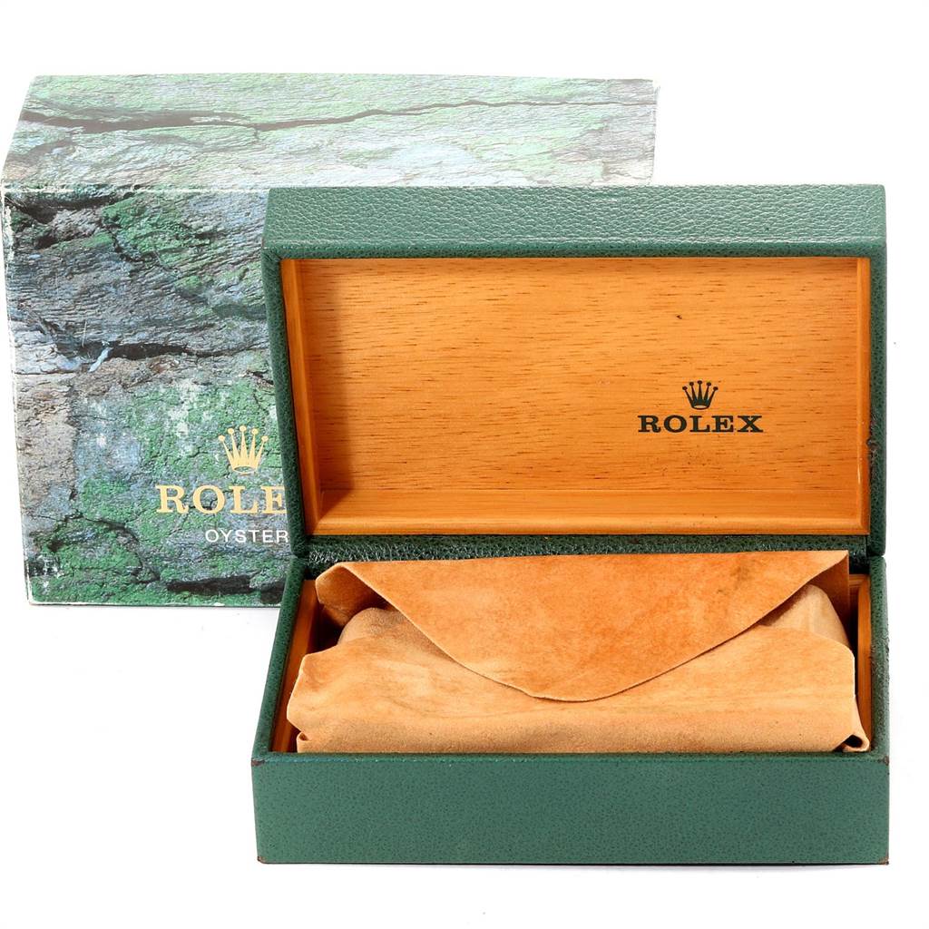 This image shows the opened presentation box for a Rolex Datejust 16234 Men's Stainless Steel Blue Dial 16234 Men's Stainless Steel Blue Dial watch, featuring the inner and outer packaging.