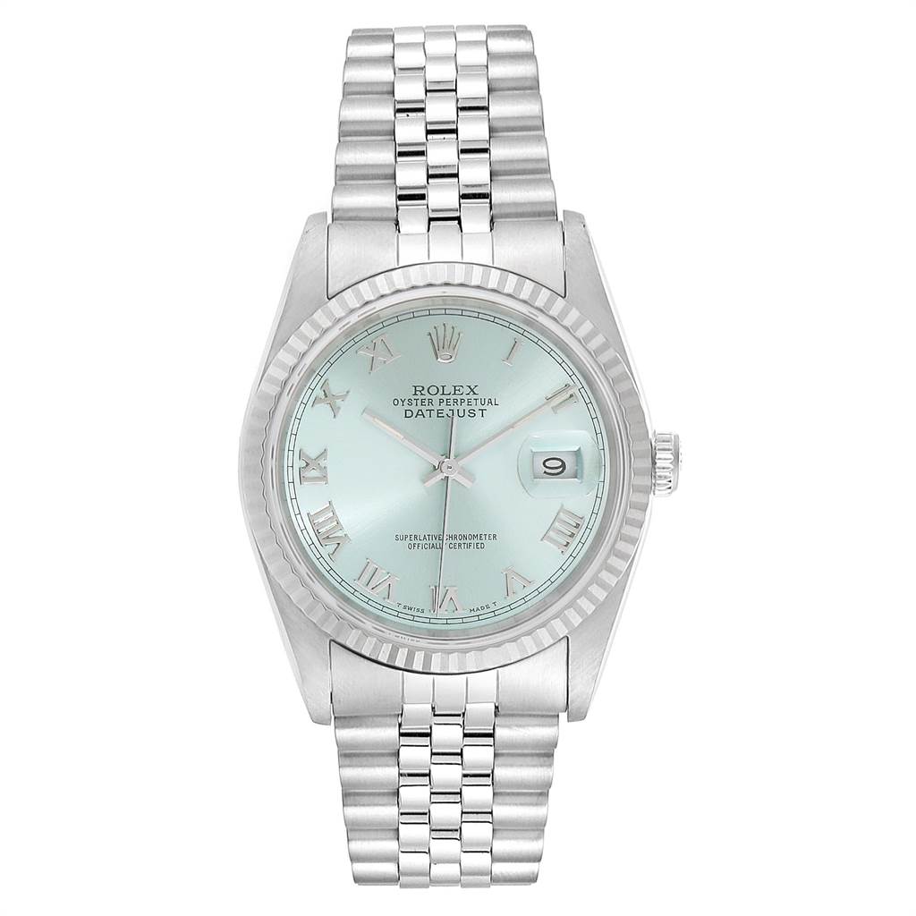 This image shows a front view of a Rolex Datejust 16234 Men's Stainless Steel Blue Dial 16234 Men's Stainless Steel Blue Dial watch, featuring its bracelet, dial, and bezel.