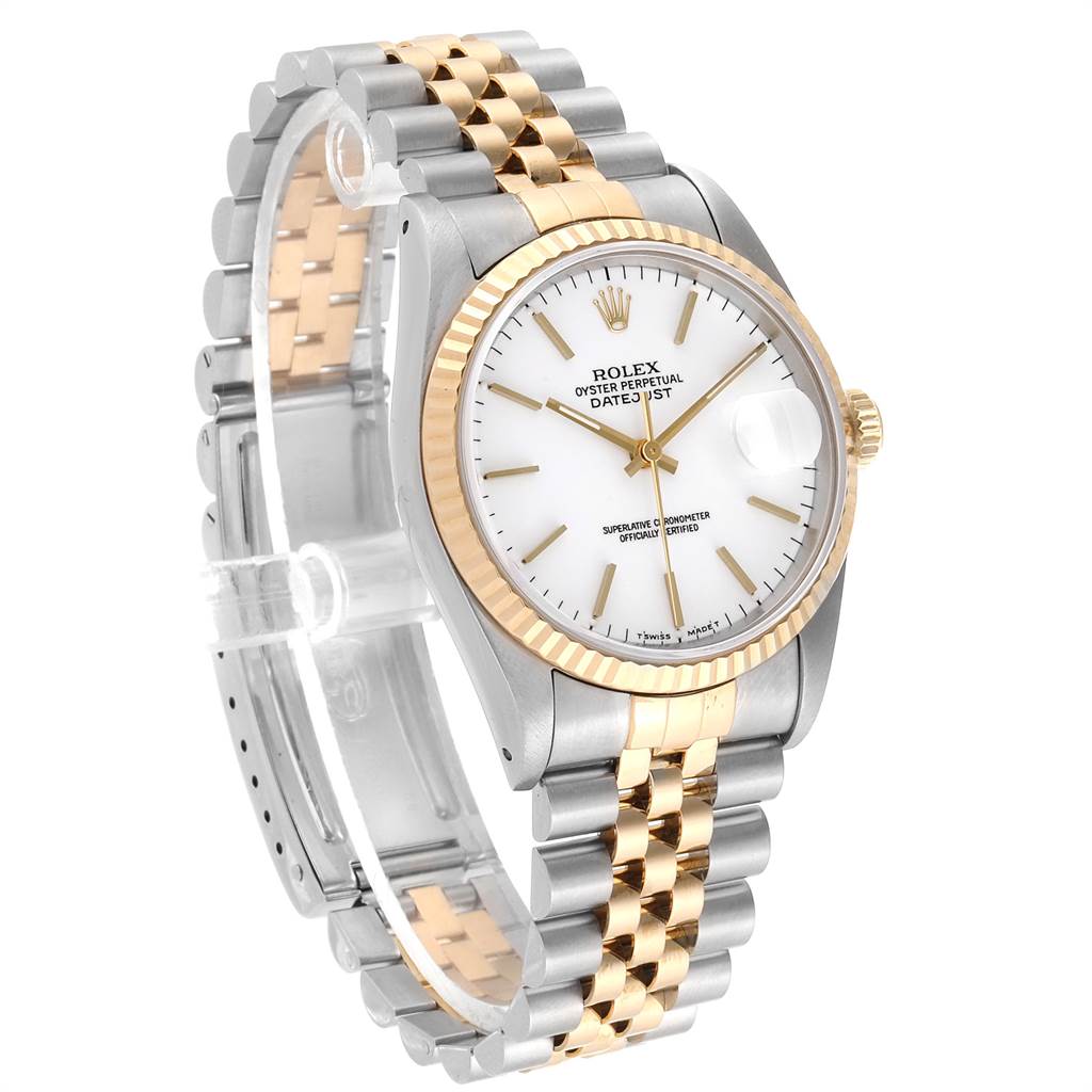 The Rolex Datejust 16233 Men's Steel and Gold (two tone) White Dial 16233 Men's Steel and Gold (two tone) White Dial watch is shown at a slight angle, displaying its white dial, two-tone bracelet, and gold fluted bezel.