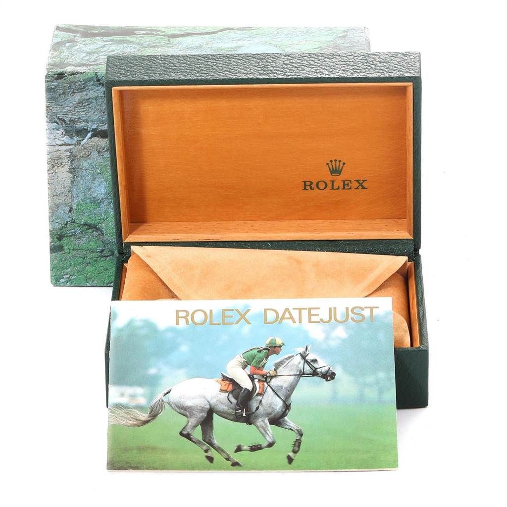 The image shows an open Rolex Datejust 16233 Men's Steel and Gold (two tone) White Dial 16233 Men's Steel and Gold (two tone) White Dial watch box with an instruction booklet placed in front.