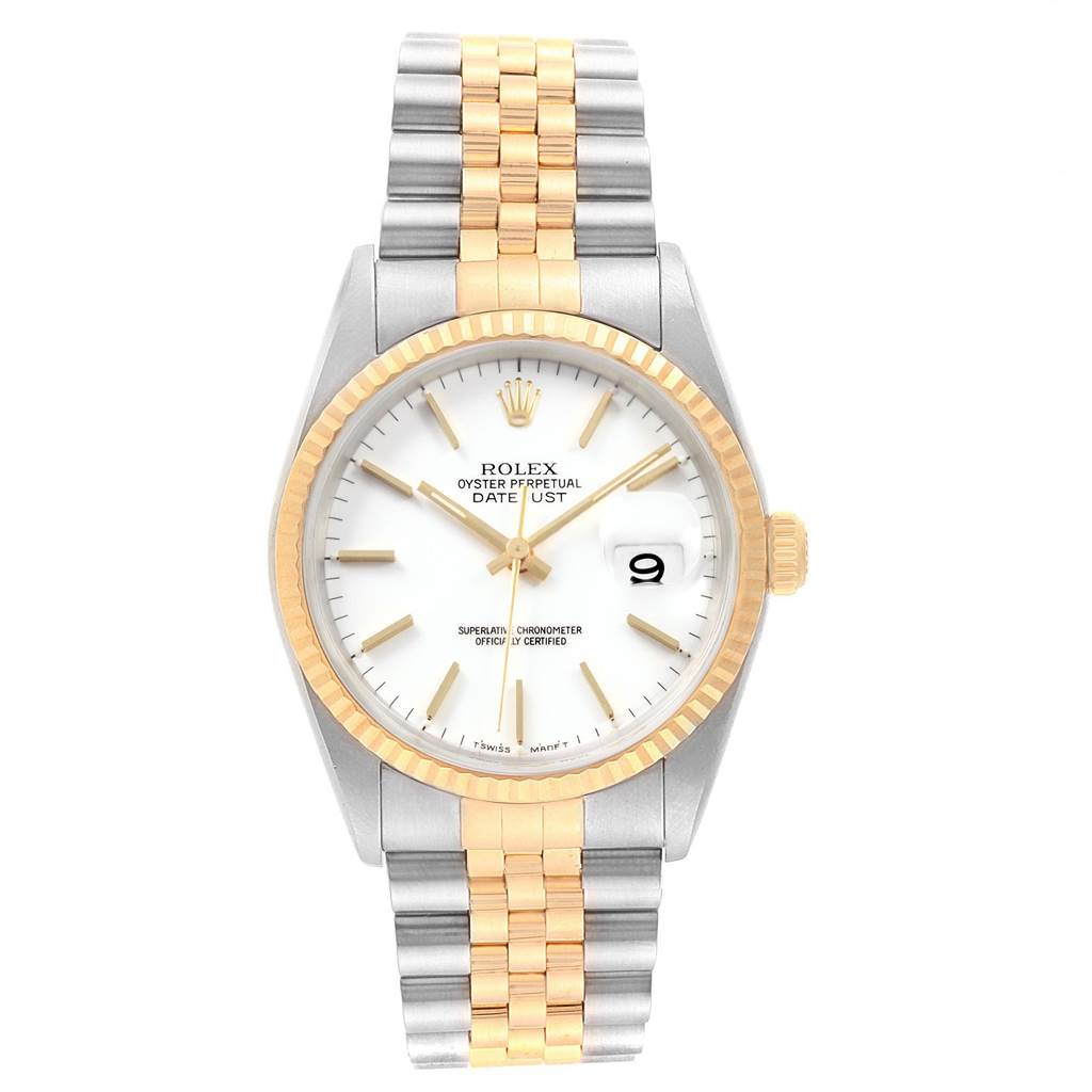 The image shows a front view of a Rolex Datejust 16233 Men's Steel and Gold (two tone) White Dial 16233 Men's Steel and Gold (two tone) White Dial watch, featuring a two-tone bracelet and fluted bezel.