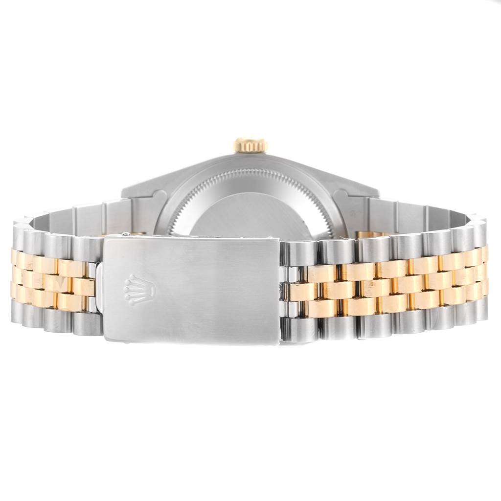 This image shows the back view of the Rolex Datejust 16233 Men's Steel and Gold (two tone) White Dial 16233 Men's Steel and Gold (two tone) White Dial watch, focusing on its two-tone metal bracelet and the clasp.