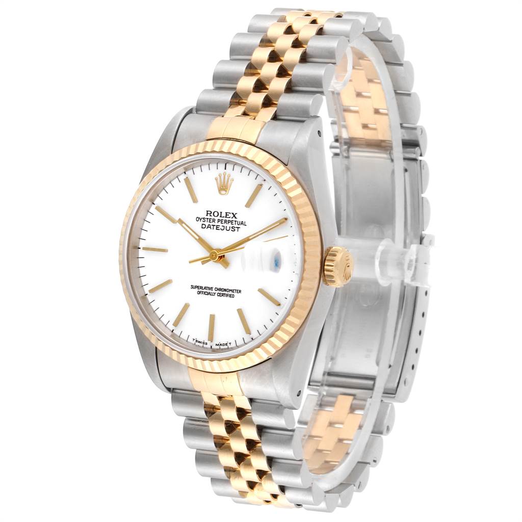The image shows a Rolex Datejust 16233 Men's Steel and Gold (two tone) White Dial 16233 Men's Steel and Gold (two tone) White Dial watch with a two-tone bracelet and a white dial, viewed from a front angled perspective.