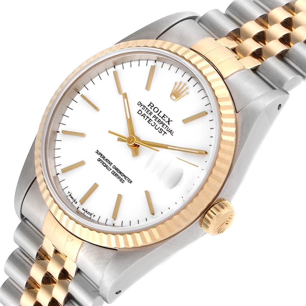 This image shows a close-up angled view of the Rolex Datejust 16233 Men's Steel and Gold (two tone) White Dial 16233 Men's Steel and Gold (two tone) White Dial watch, highlighting its face, bezel, crown, and part of the bracelet.
