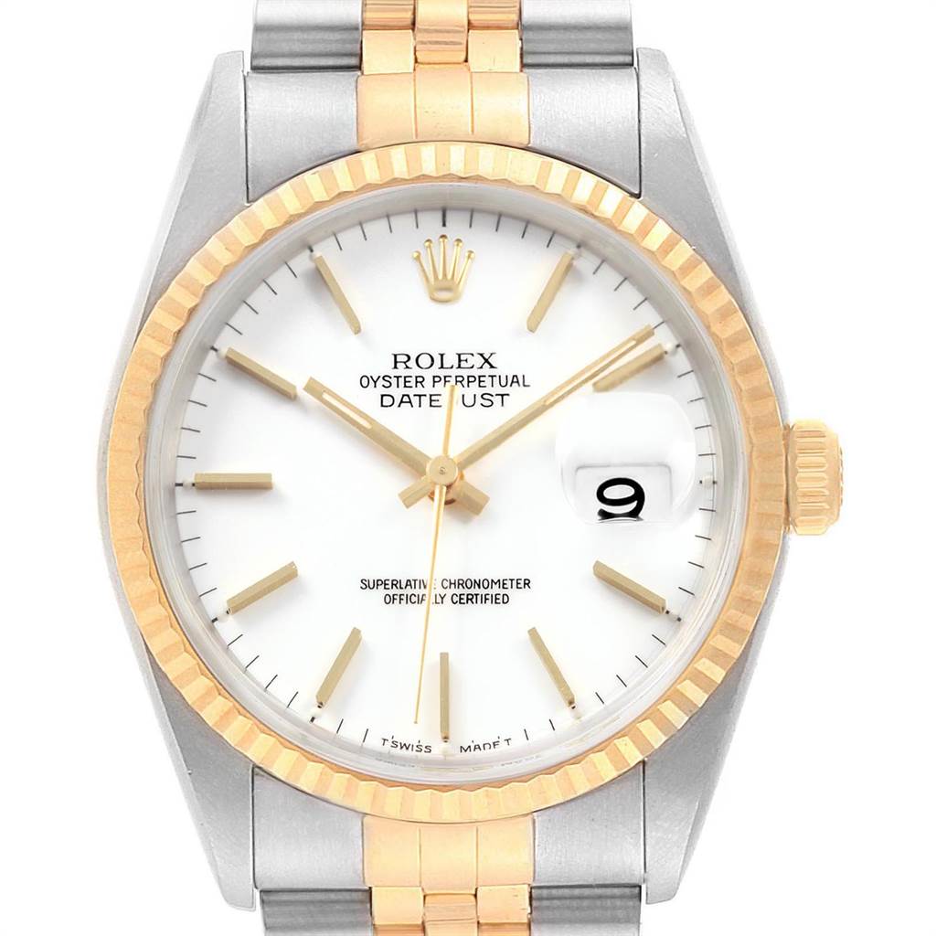 This image shows a front view of a Rolex Datejust 16233 Men's Steel and Gold (two tone) White Dial 16233 Men's Steel and Gold (two tone) White Dial watch, highlighting the dial, fluted bezel, and part of the bracelet.