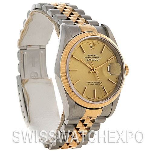 The Rolex Datejust 16233 Men's Stainless Steel Champagne Dial 16233 Men's Stainless Steel Champagne Dial watch is shown at a front-left angle, highlighting its two-tone bracelet and champagne dial.