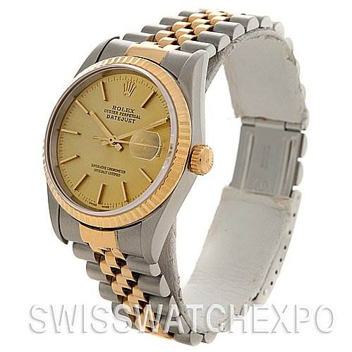 The image shows a side view of the Rolex Datejust 16233 Men's Stainless Steel Champagne Dial 16233 Men's Stainless Steel Champagne Dial watch, highlighting its gold and silver parts including the dial, bezel, and bracelet.