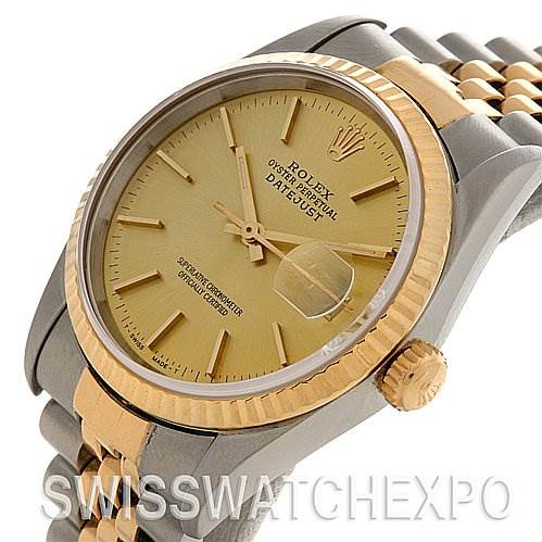 The image shows a Rolex Datejust 16233 Men's Stainless Steel Champagne Dial 16233 Men's Stainless Steel Champagne Dial watch at an angle highlighting the gold dial, fluted bezel, and two-tone jubilee bracelet.