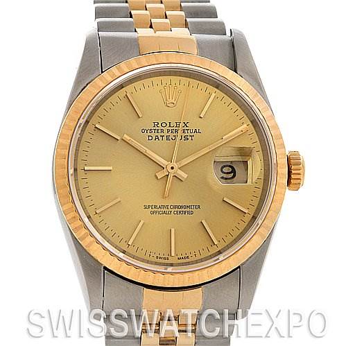 The image shows the front view of a Rolex Datejust 16233 Men's Stainless Steel Champagne Dial 16233 Men's Stainless Steel Champagne Dial watch featuring its face, bezel, and part of the bracelet.