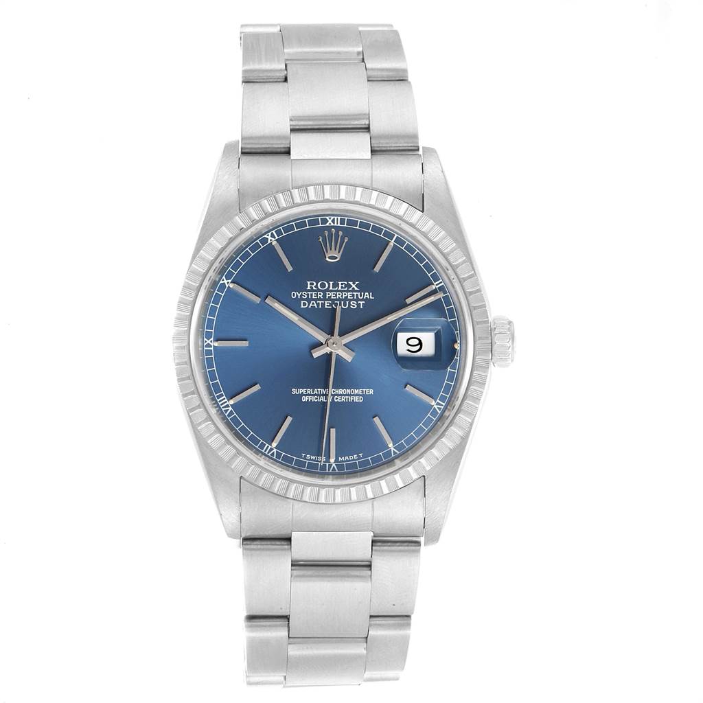 The image shows a Rolex Datejust 16220 Men's Stainless Steel Blue Dial 16220 Men's Stainless Steel Blue Dial watch with a blue dial and a stainless steel bracelet from a top-down angle.