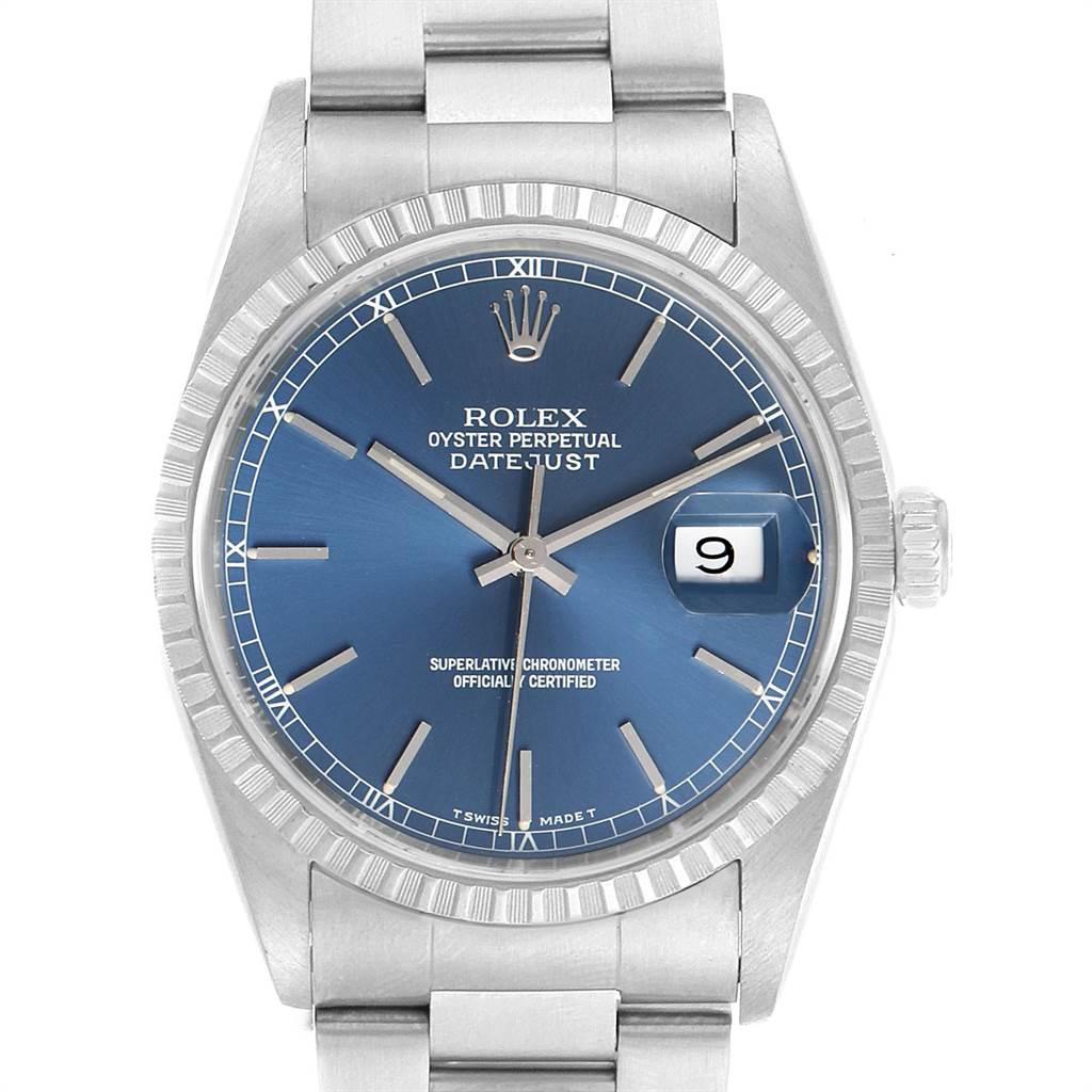 The image shows a front view of a Rolex Datejust 16220 Men's Stainless Steel Blue Dial 16220 Men's Stainless Steel Blue Dial watch with a blue dial and date display.