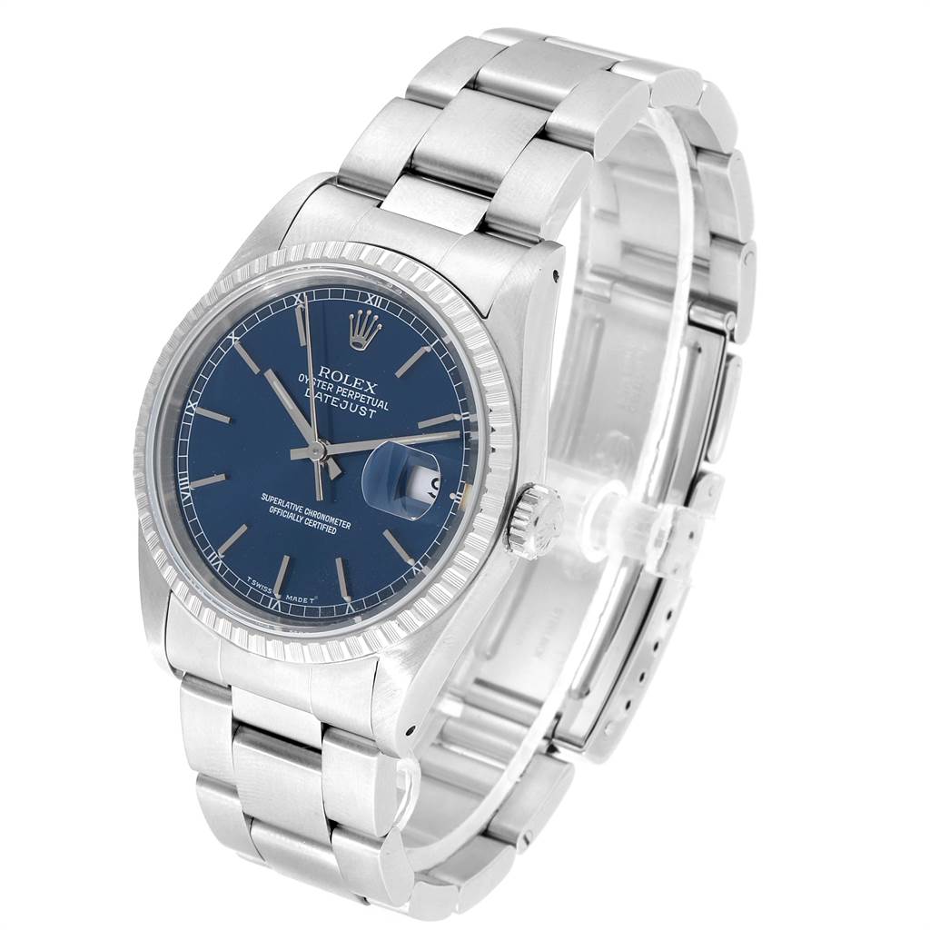The image shows a Rolex Datejust 16220 Men's Stainless Steel Blue Dial 16220 Men's Stainless Steel Blue Dial watch at a three-quarter angle, displaying its face, crown, case, and bracelet.