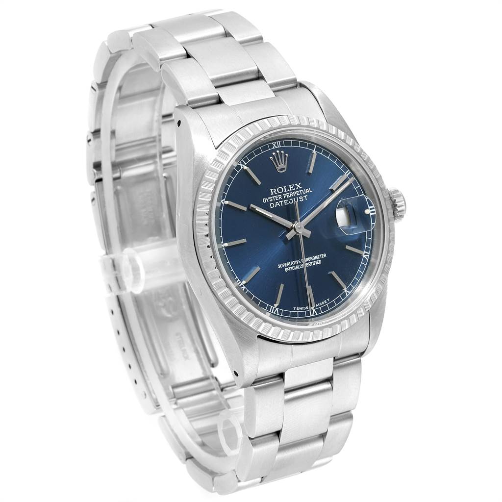 The image shows a Rolex Datejust 16220 Men's Stainless Steel Blue Dial 16220 Men's Stainless Steel Blue Dial watch at a three-quarter angle, highlighting its face, bezel, case, and bracelet.