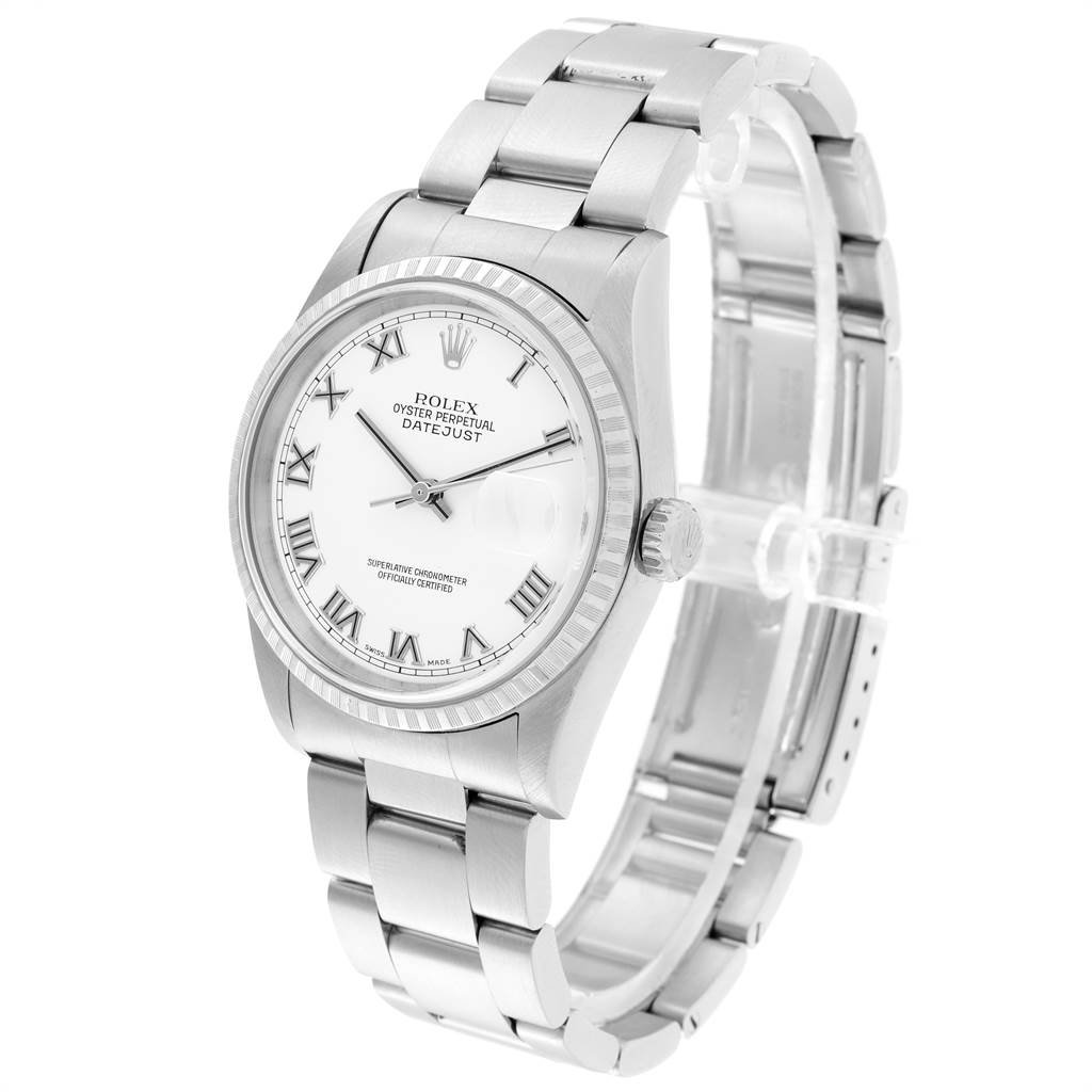 The image shows a Rolex Datejust 16220 Men's Stainless Steel White Dial 16220 Men's Stainless Steel White Dial watch from a 3/4 angle, displaying the dial, bezel, case, crown, and bracelet.