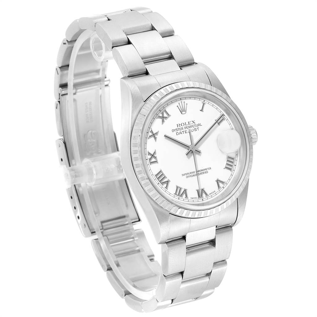 This Rolex Datejust 16220 Men's Stainless Steel White Dial 16220 Men's Stainless Steel White Dial watch is shown at a front-right angle, displaying the bracelet, case, and dial with roman numerals.